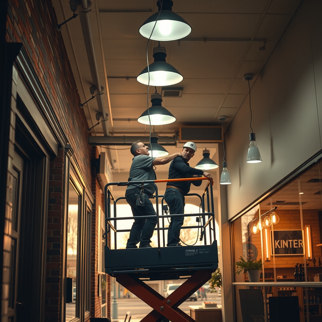 Small Main Street storefront being re-lit with modern LED fixtures