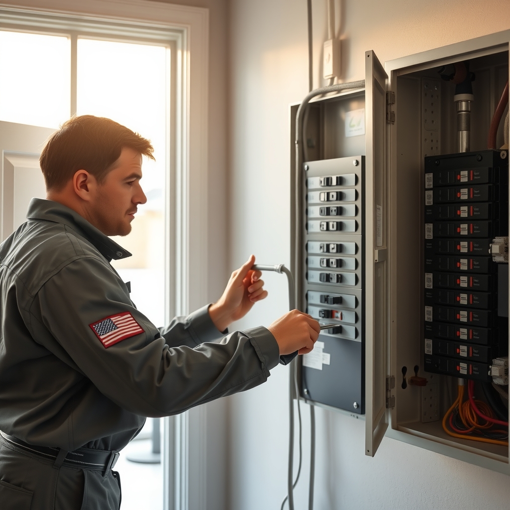 Licensed electrician working on a residential breaker panel