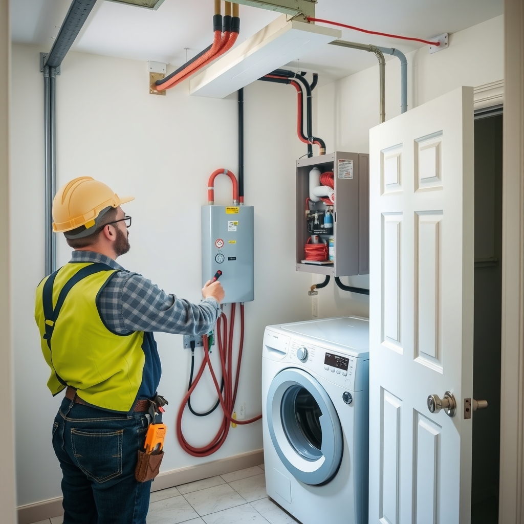 Electrician installing a new panel in a rental property laundry room