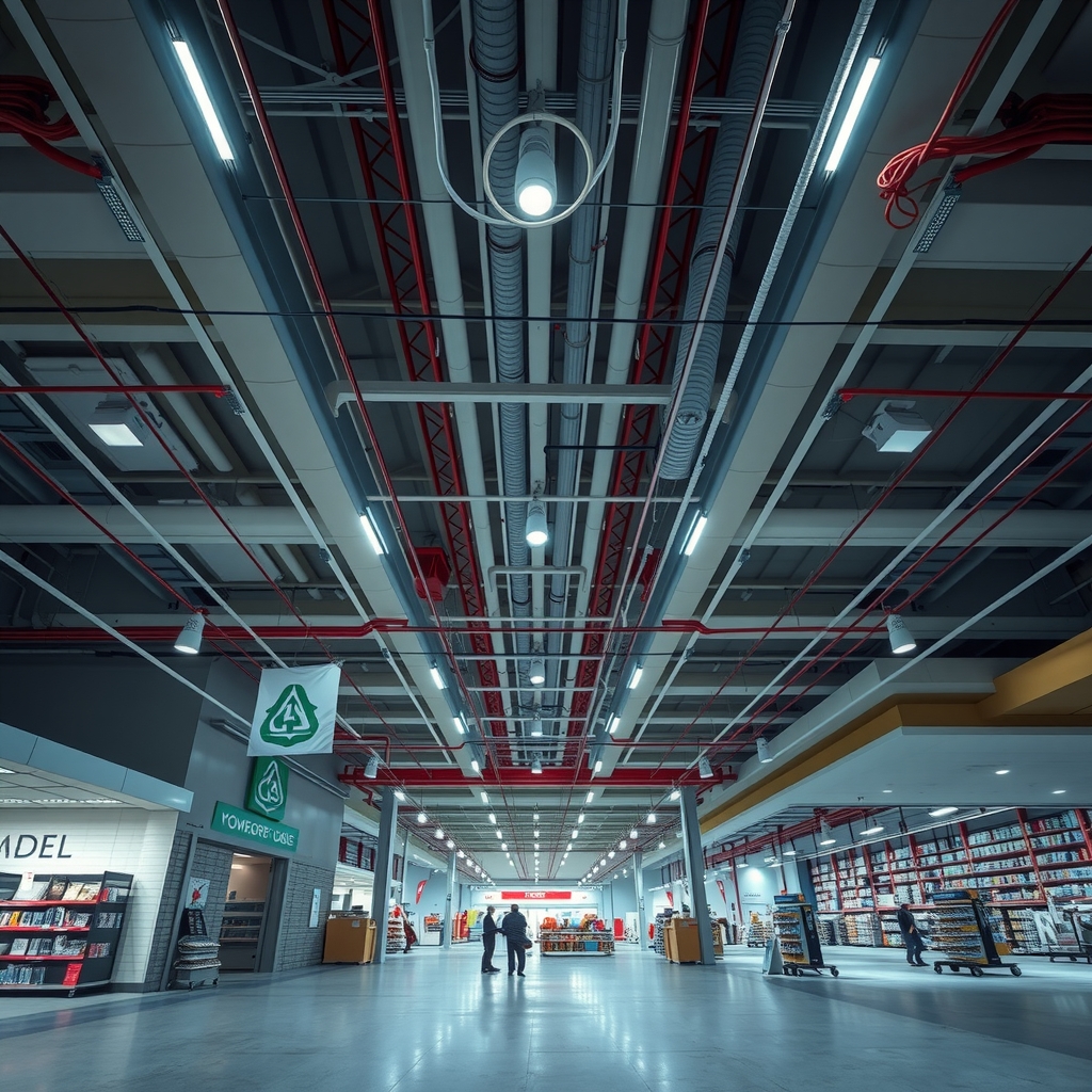 Large retail store mid-remodel with new overhead conduit and lighting