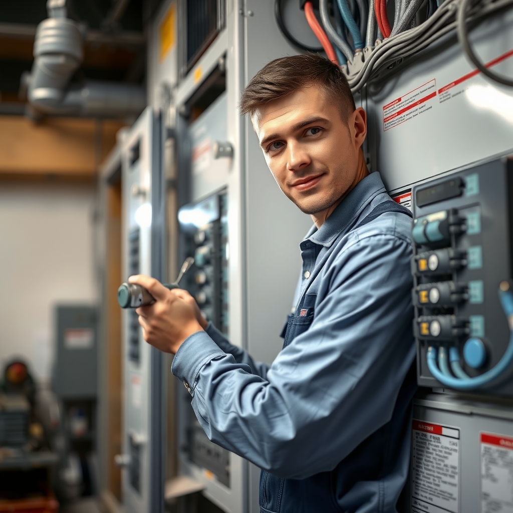 Licensed electrician wiring a modern commercial breaker panel