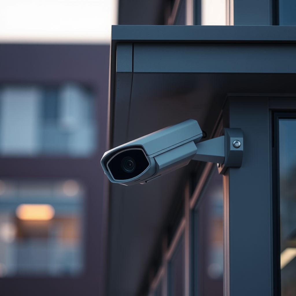 Modern security camera mounted on a commercial building exterior