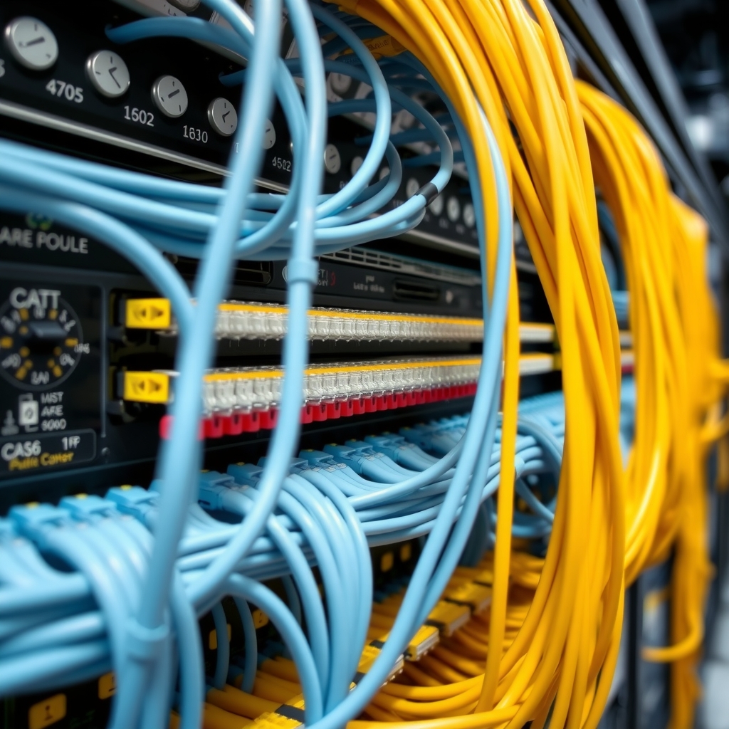 Neatly dressed structured cabling rack with CAT6 and fiber patch cables